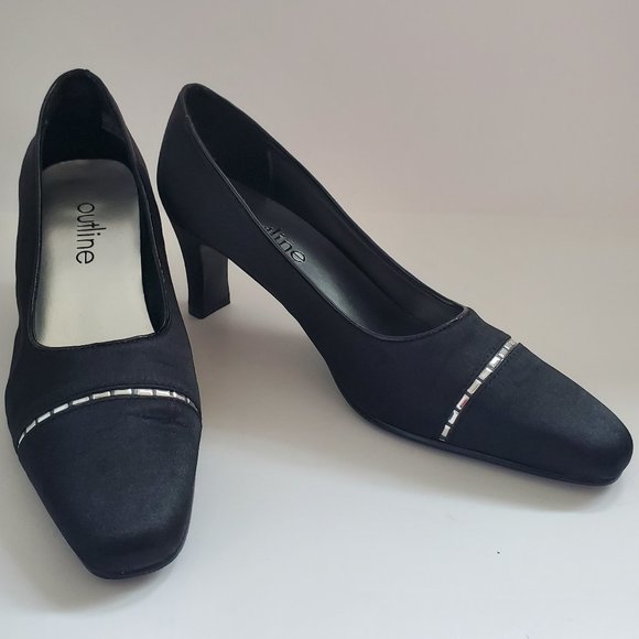 Sateen Black Low Heel Shoes Square Toe Silver Accent Office Holiday Party - Picture 1 of 9